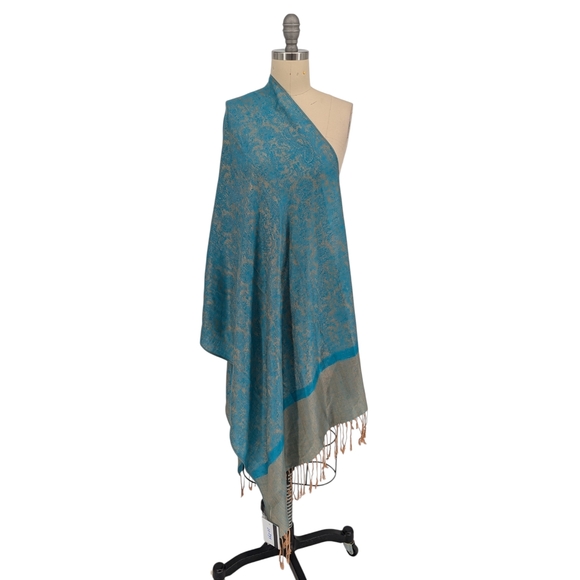 pashmina Accessories - 00839 Pashmina Paisley Fringe Scarf Turquoise Tan preppy spring fall classic